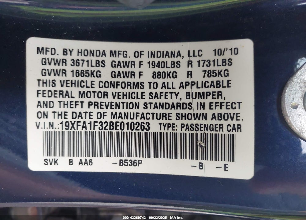 2011 HONDA CIVIC VP VIN: 19XFA1F32BE010263