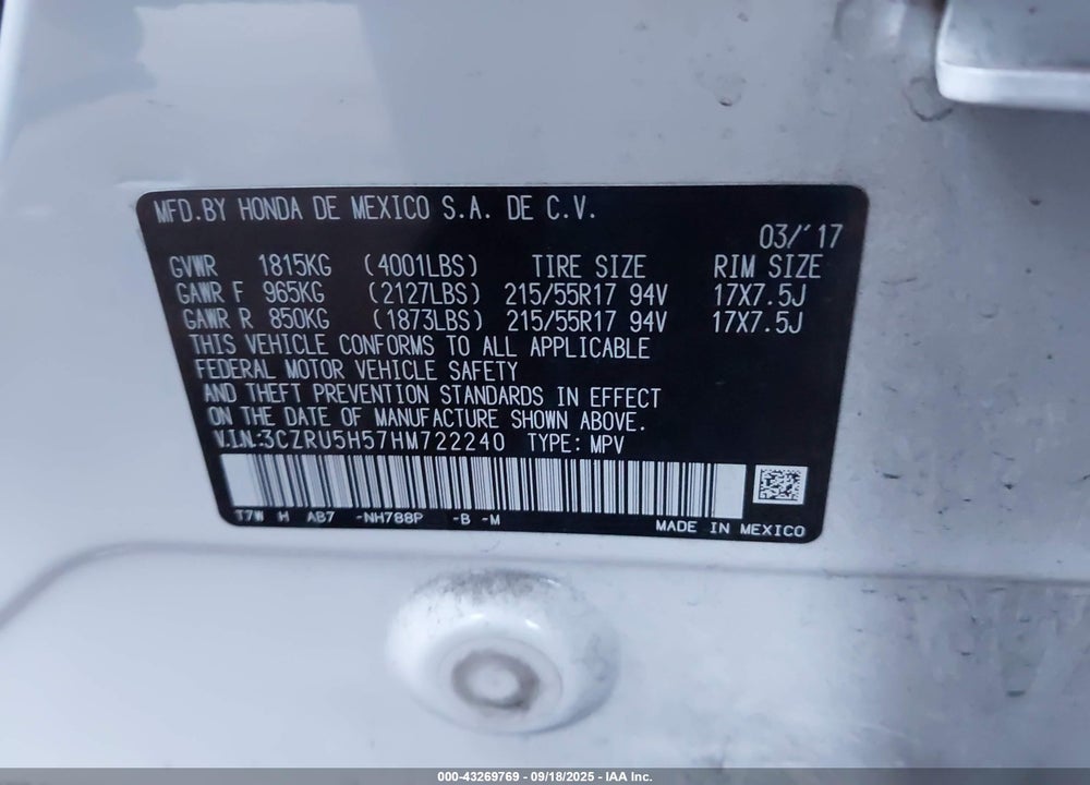 2017 HONDA HR-V VIN: 3CZRU5H57HM722240