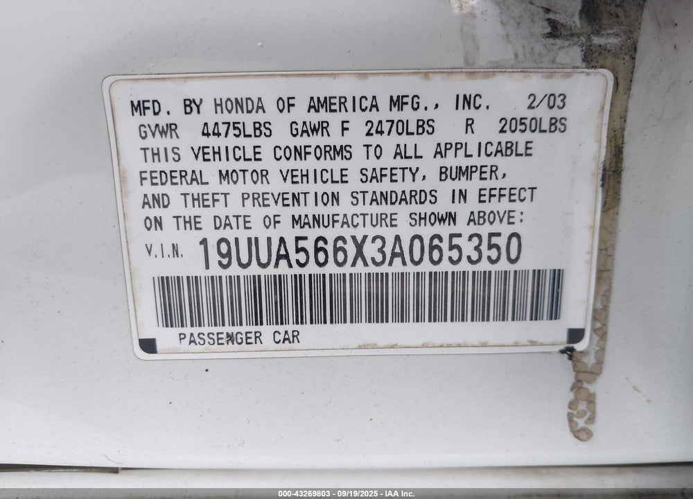 2003 ACURA TL 3.2 VIN: 19UUA566X3A065350