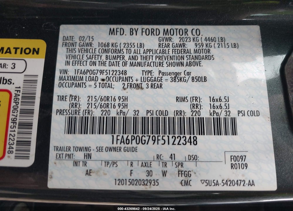 2015 FORD FUSION S VIN: 1FA6P0G79F5122348