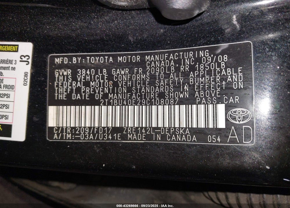 2009 TOYOTA COROLLA VIN: 2T1BU40E29C108087