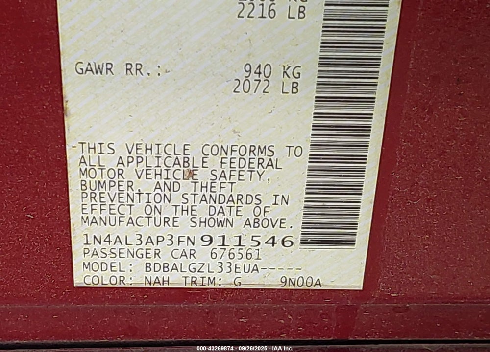 2015 NISSAN ALTIMA 2.5/2.5 S/2.5 SL/2.5 SV VIN: 1N4AL3AP3FN911546