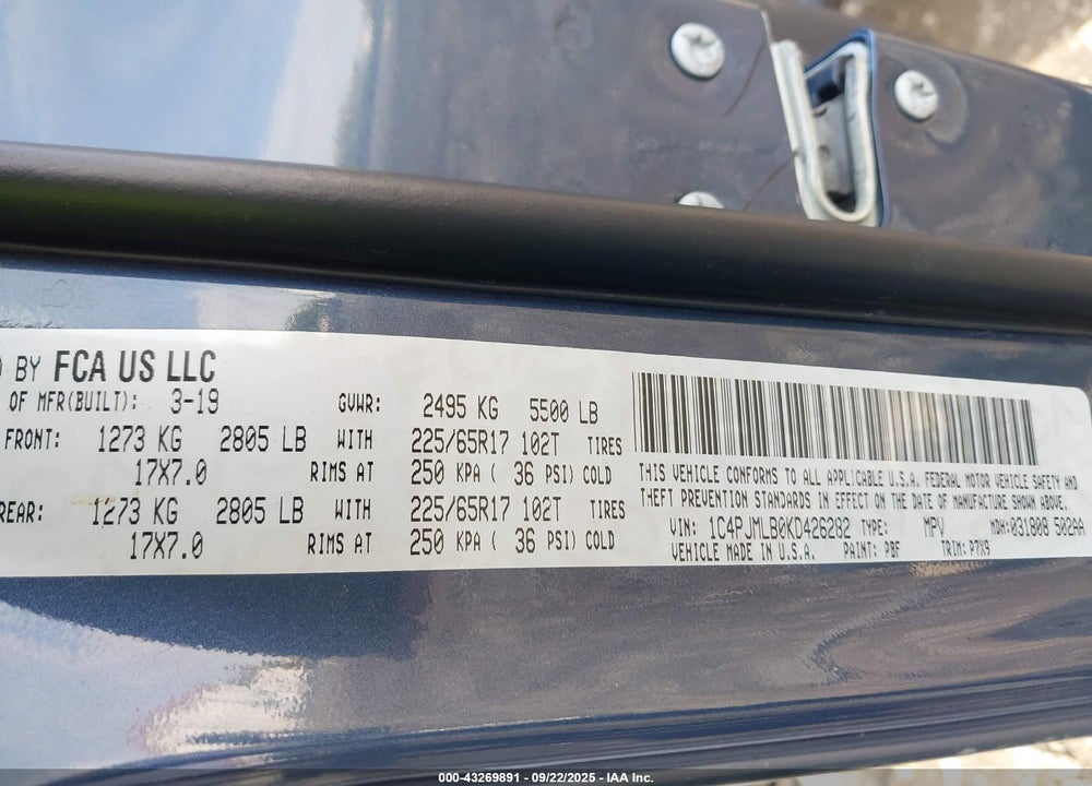 2019 JEEP CHEROKEE VIN: 1C4PJMLB0KD426282