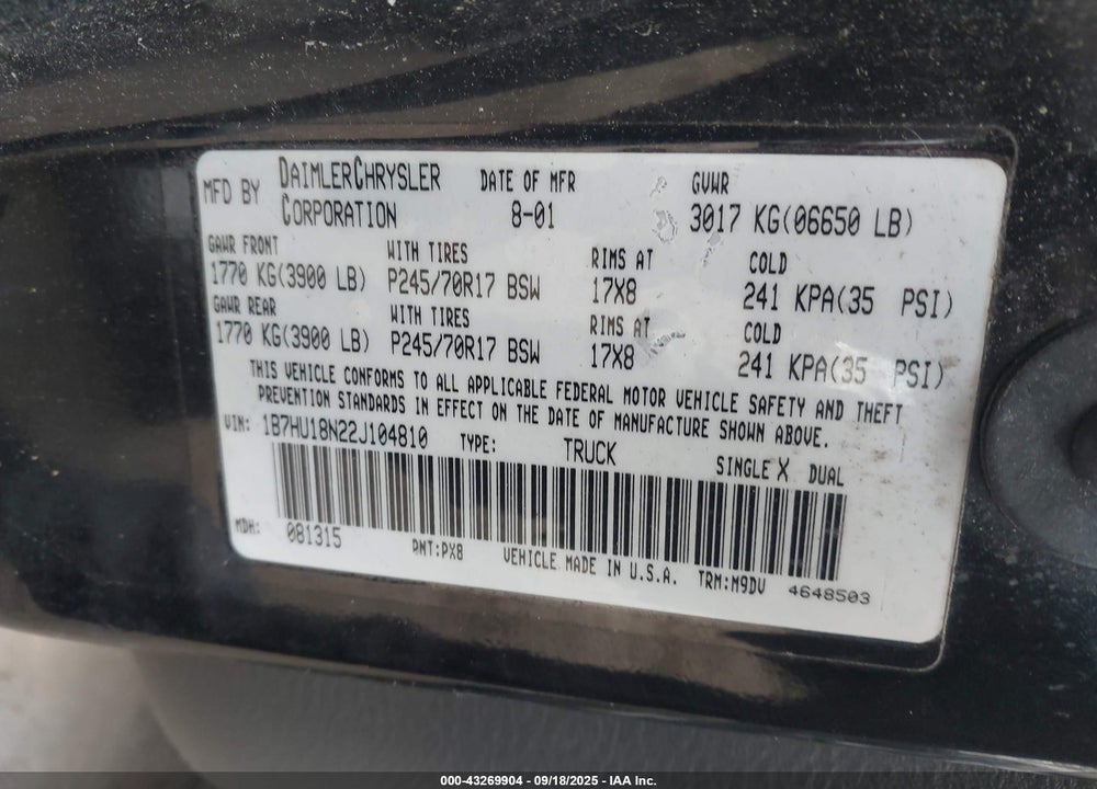 2002 DODGE RAM 1500 ST VIN: 1B7HU18N22J104810