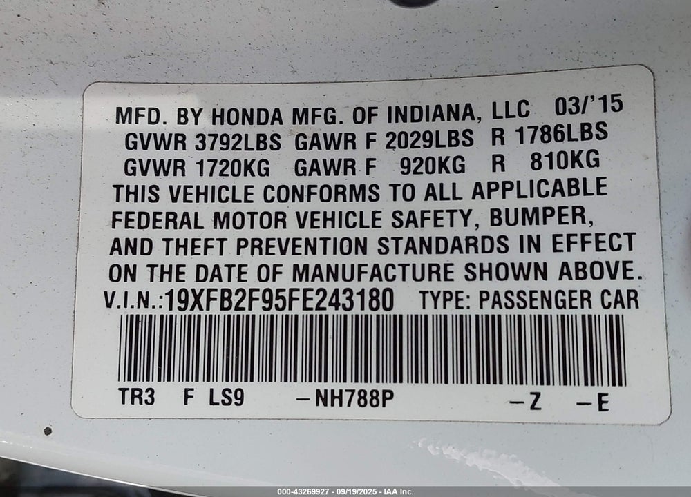 2015 HONDA CIVIC VIN: 19XFB2F95FE243180