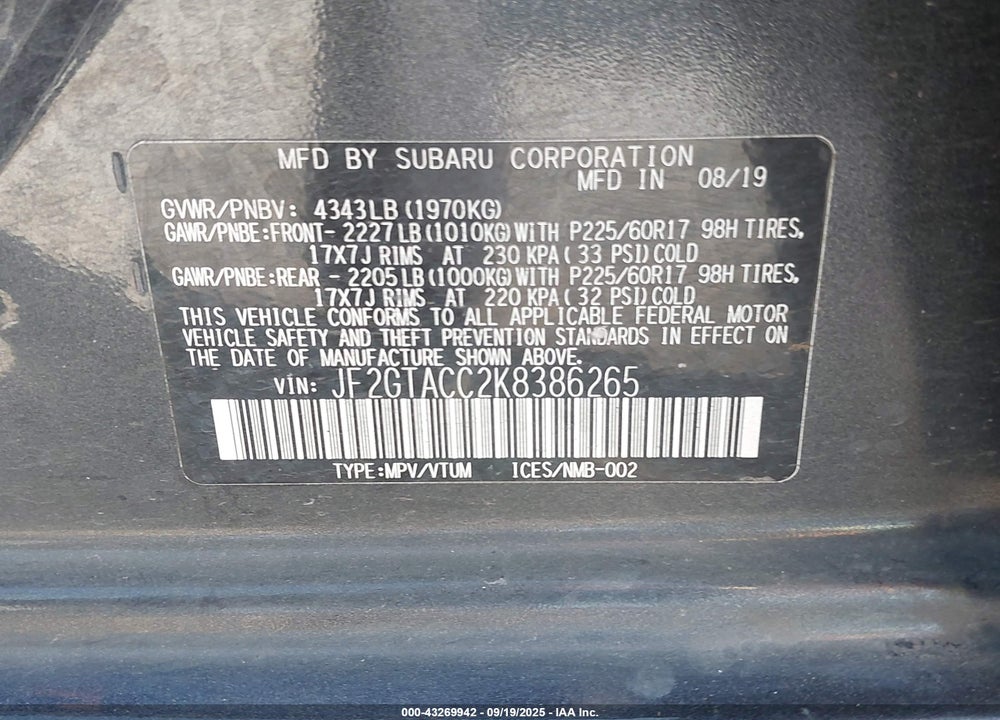 2019 SUBARU CROSSTREK VIN: JF2GTACC2K8386265