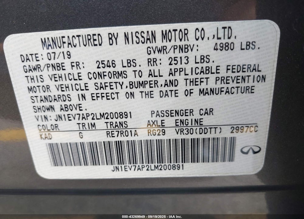 2020 INFINITI Q50 PURE VIN: JN1EV7AP2LM200891