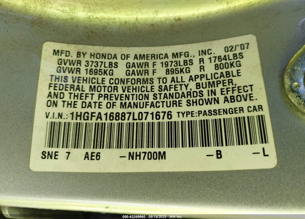 2007 HONDA CIVIC VIN: 1HGFA16887L071676