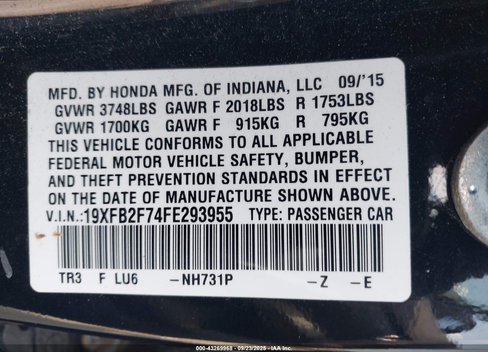 2015 HONDA CIVIC SE VIN: 19XFB2F74FE293955