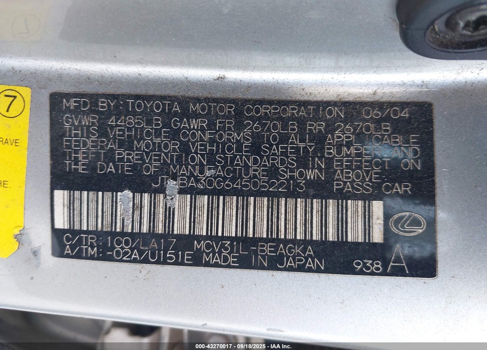 2004 LEXUS ES 330 VIN: JTHBA30G645052213