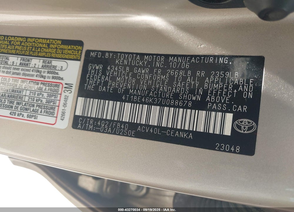2007 TOYOTA CAMRY VIN: 4T1BE46K37U088678