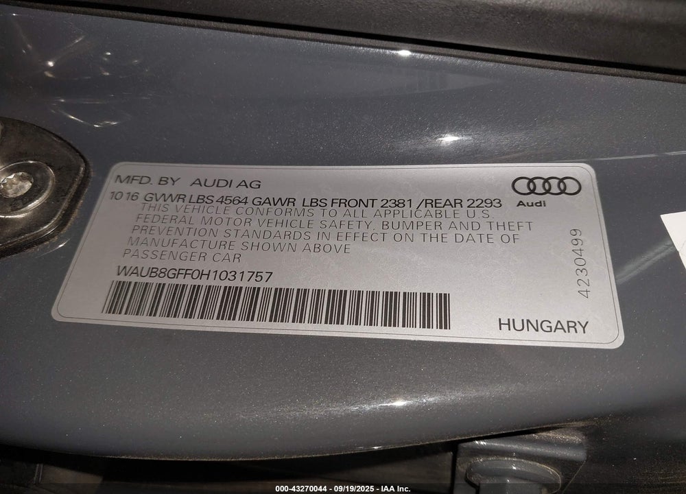 2017 AUDI A3 VIN: WAUB8GFF0H1031757
