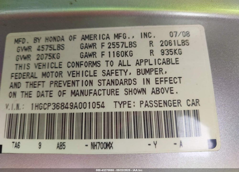 2009 HONDA ACCORD 3.5 EX-L VIN: 1HGCP36849A001054