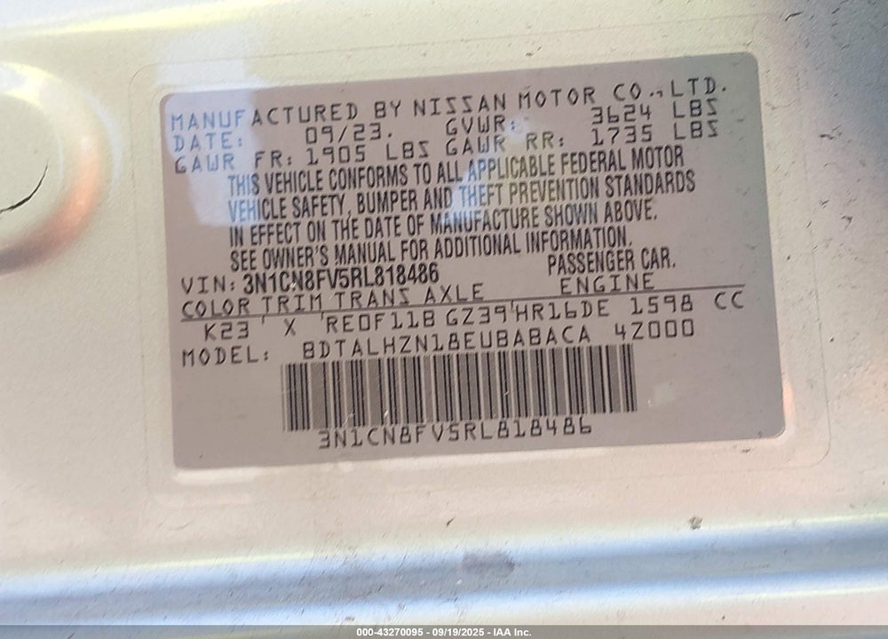 2024 NISSAN VERSA VIN: 3N1CN8FV5RL818486