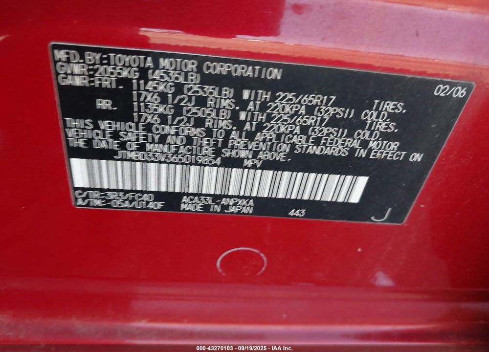 2006 TOYOTA RAV4 VIN: JTMBD33V365019854