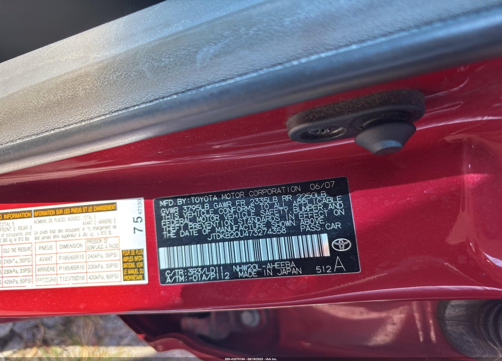 2007 TOYOTA PRIUS VIN: JTDKB20U473274358