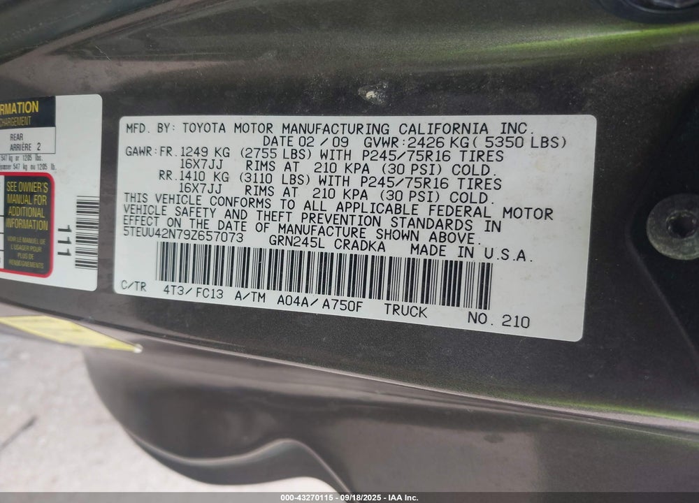 2009 TOYOTA TACOMA VIN: 5TEUU42N79Z657073