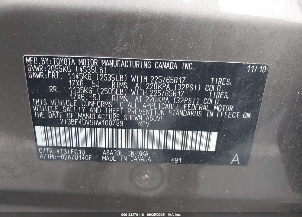 2011 TOYOTA RAV4 VIN: 2T3BF4DV5BW100789