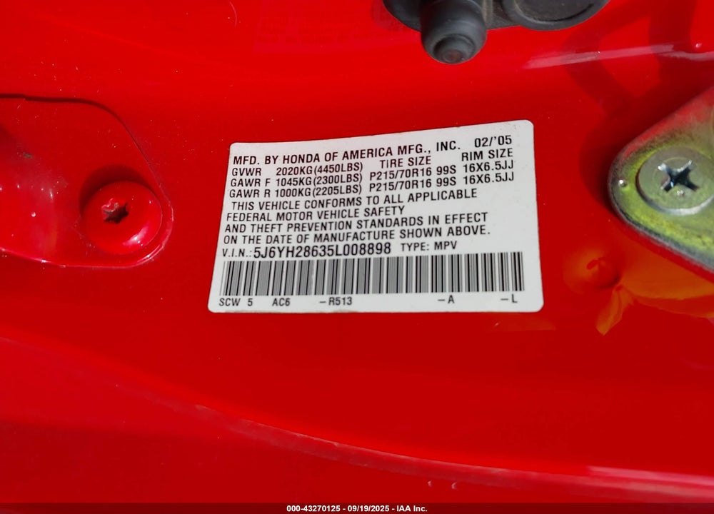 2005 HONDA ELEMENT EX VIN: 5J6YH28635L008898