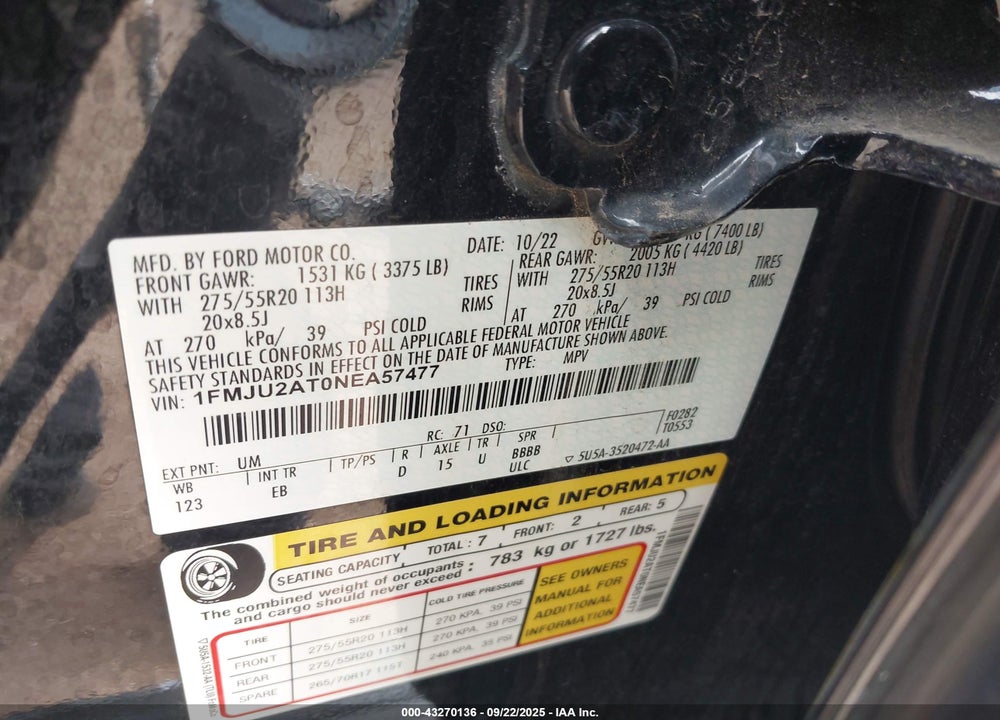 2022 FORD EXPEDITION LIMITED VIN: 1FMJU2AT0NEA57477