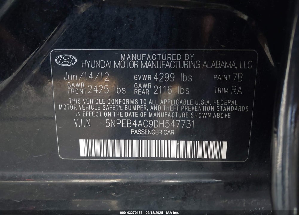 2013 HYUNDAI SONATA VIN: 5NPEB4AC9DH547731