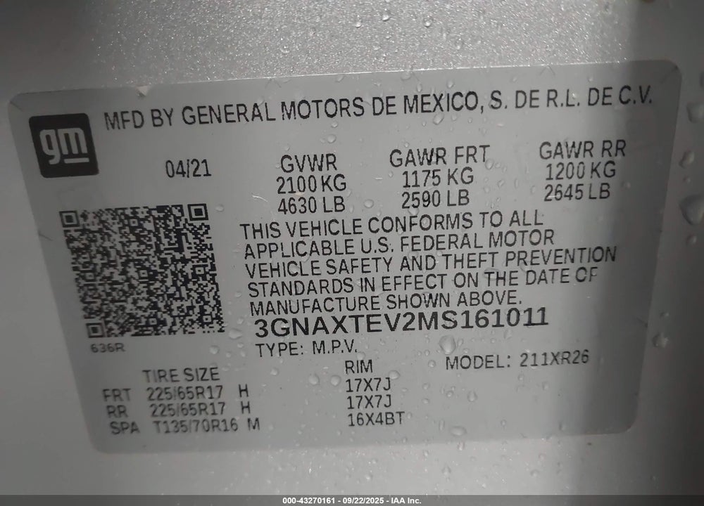 2021 CHEVROLET EQUINOX VIN: 3GNAXTEV2MS161011