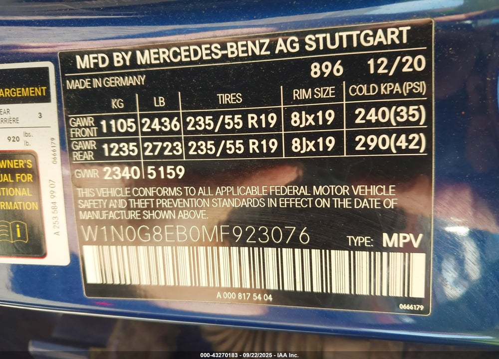 2021 MERCEDES-BENZ GLC CLASS VIN: W1N0G8EB0MF923076