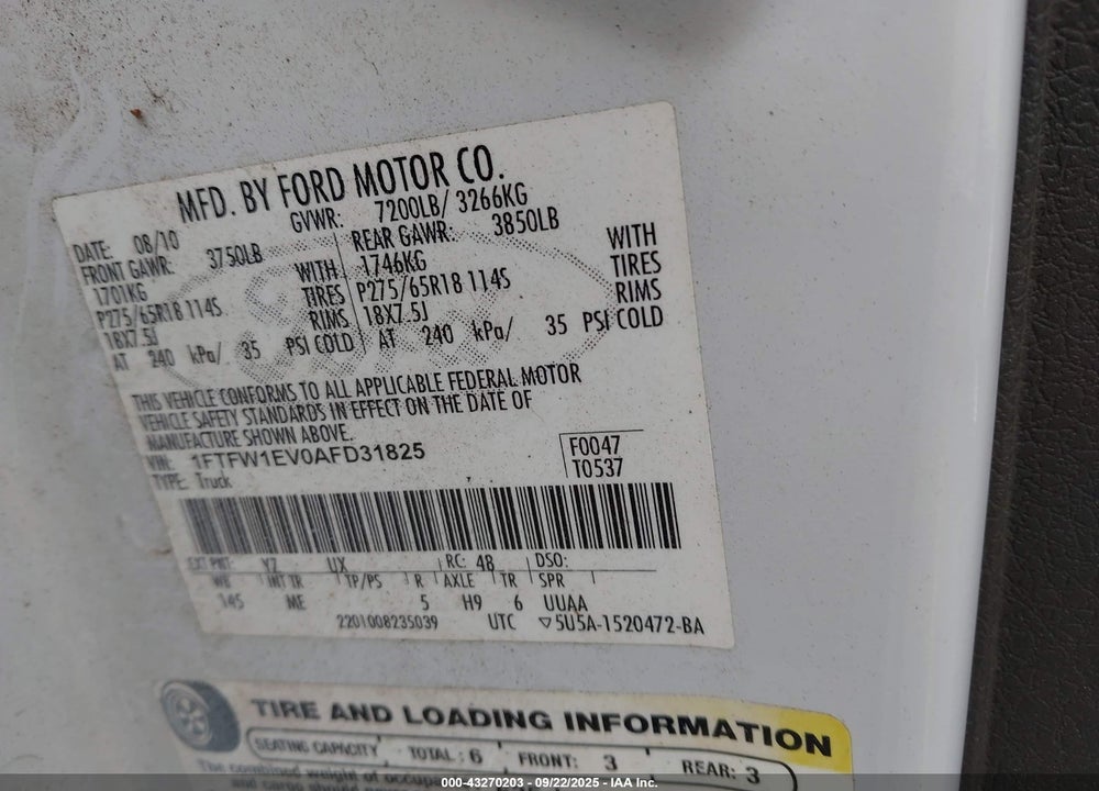 2010 FORD F-150 FX4/HARLEY-DAVIDSON/KING RANCH/LARIAT/PLATINUM/XL/XLT VIN: 1FTFW1EV0AFD31825
