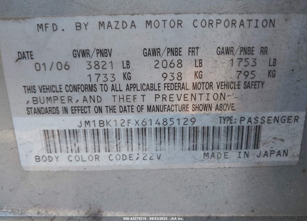 2006 MAZDA 3 I VIN: JM1BK12FX61485129
