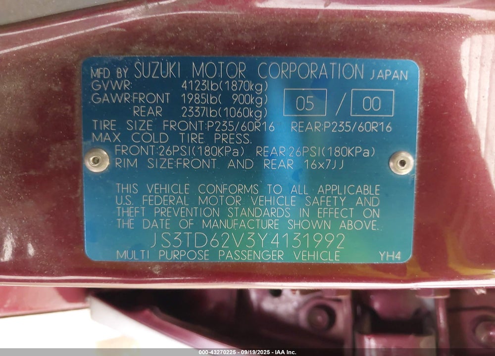 2000 SUZUKI GRAND VITARA JLX/JLX+/LIMITED VIN: JS3TD62V3Y4131992