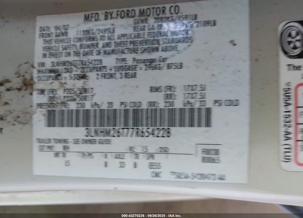 2007 LINCOLN MKZ VIN: 3LNHM26T77R654228