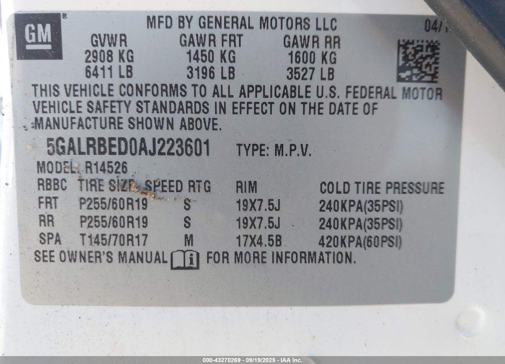 2010 BUICK ENCLAVE VIN: 5GALRBED0AJ223601