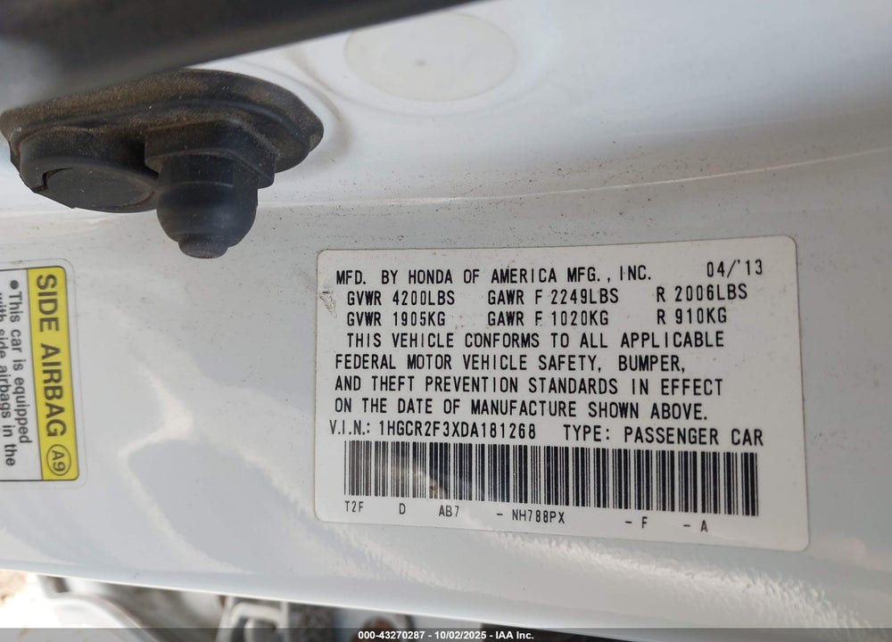 2013 HONDA ACCORD VIN: 1HGCR2F3XDA181268