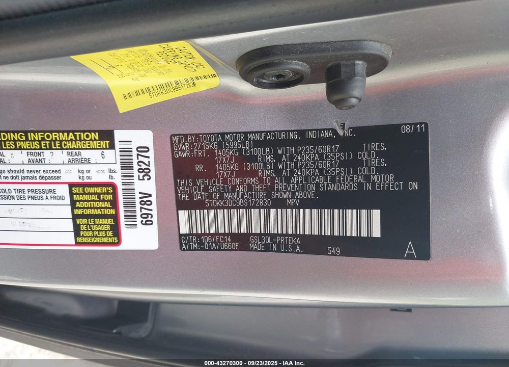 2011 TOYOTA SIENNA LE V6 VIN: 5TDKK3DC9BS172830