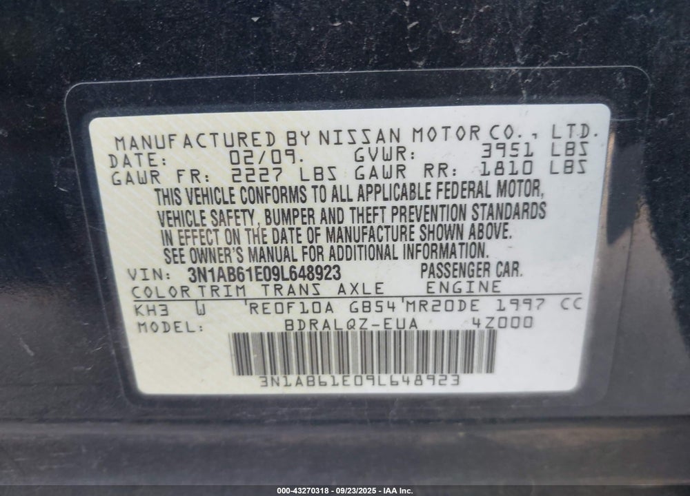 2009 NISSAN SENTRA 2.0 VIN: 3N1AB61E09L648923