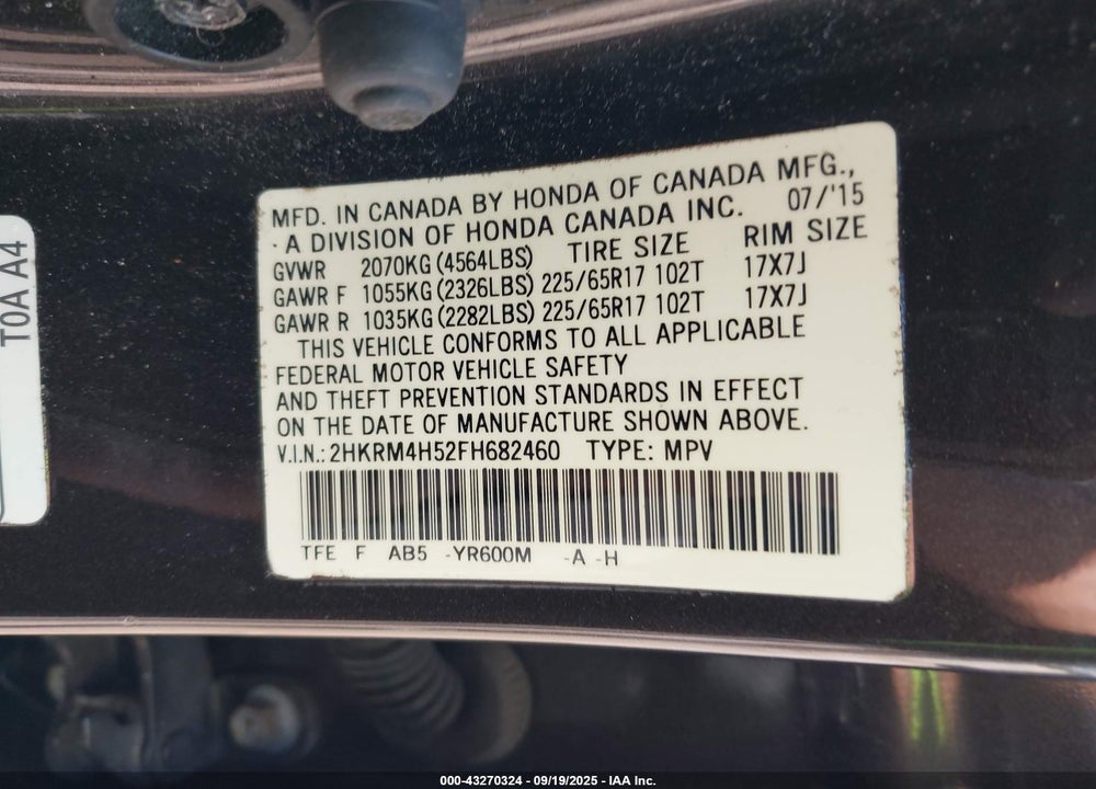 2015 HONDA CR-V EX VIN: 2HKRM4H52FH682460