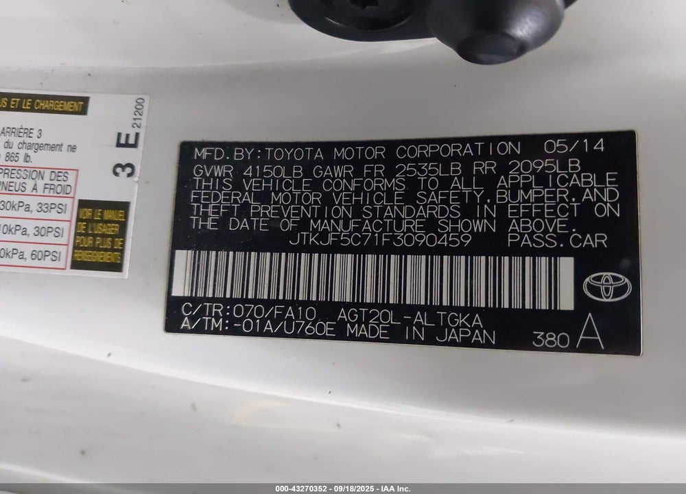2015 SCION TC VIN: JTKJF5C71F3090459