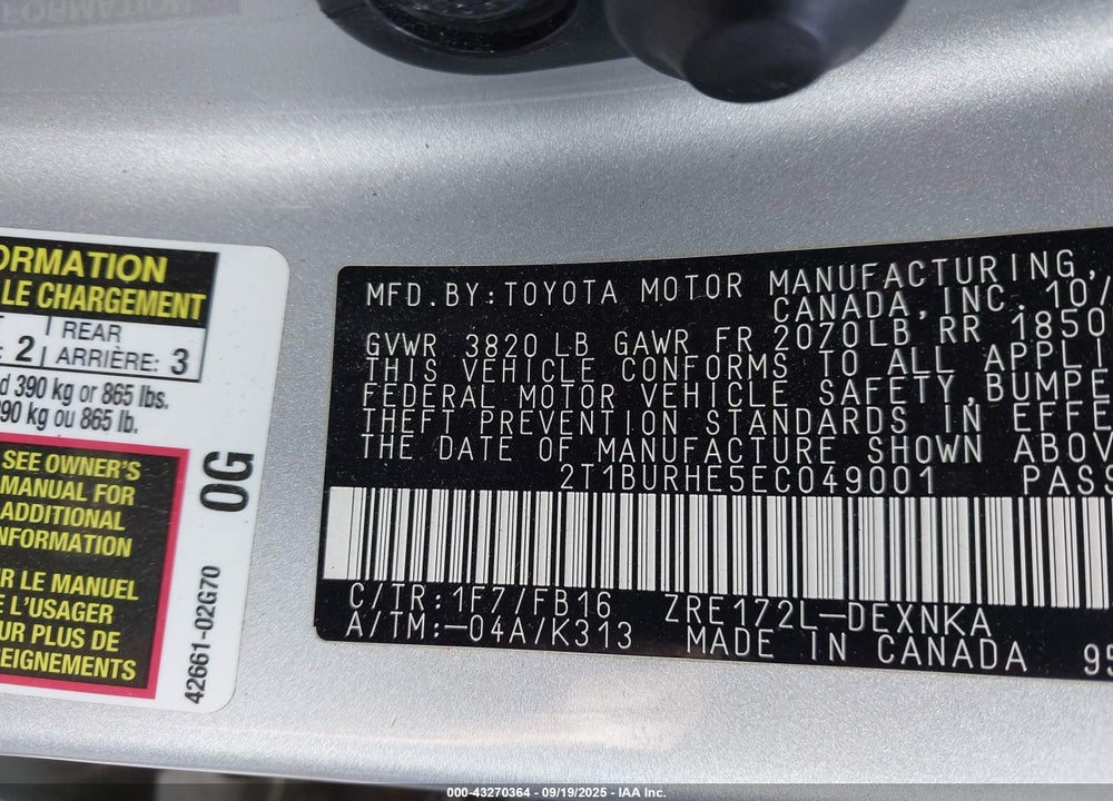 2014 TOYOTA COROLLA VIN: 2T1BURHE5EC049001