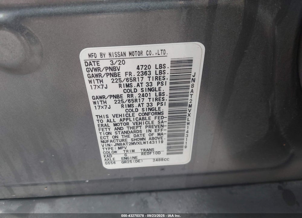 2020 NISSAN ROGUE SPORT VIN: JN8AT2MVXLW143119