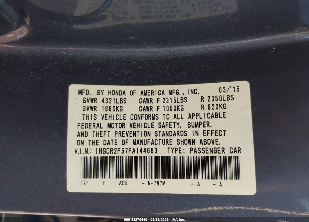 2015 HONDA ACCORD VIN: 1HGCR2F57FA144683