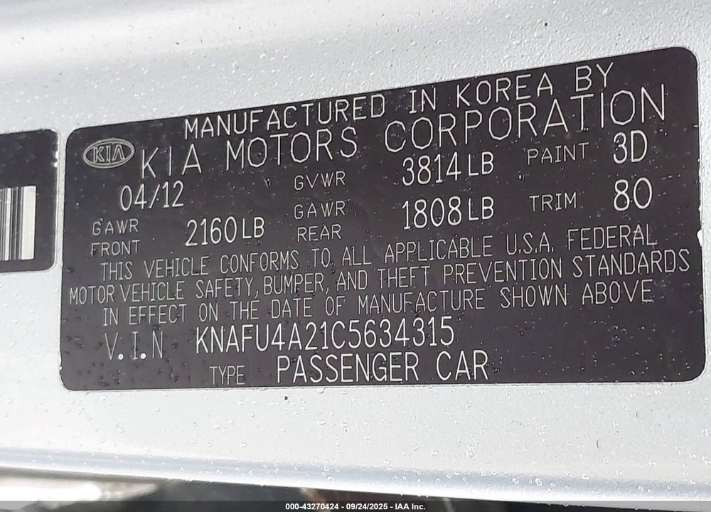 2012 KIA FORTE VIN: KNAFU4A21C5634315