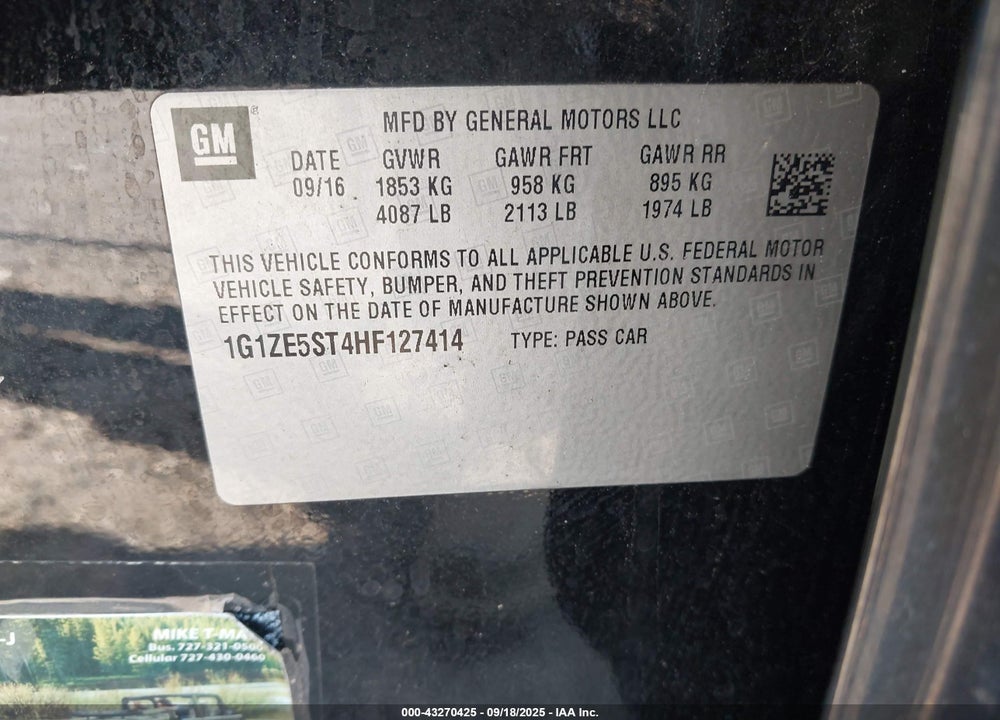 2017 CHEVROLET MALIBU VIN: 1G1ZE5ST4HF127414