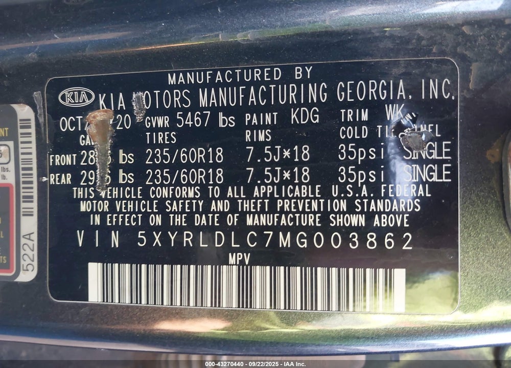 2021 KIA SORENTO VIN: 5XYRLDLC7MG003862