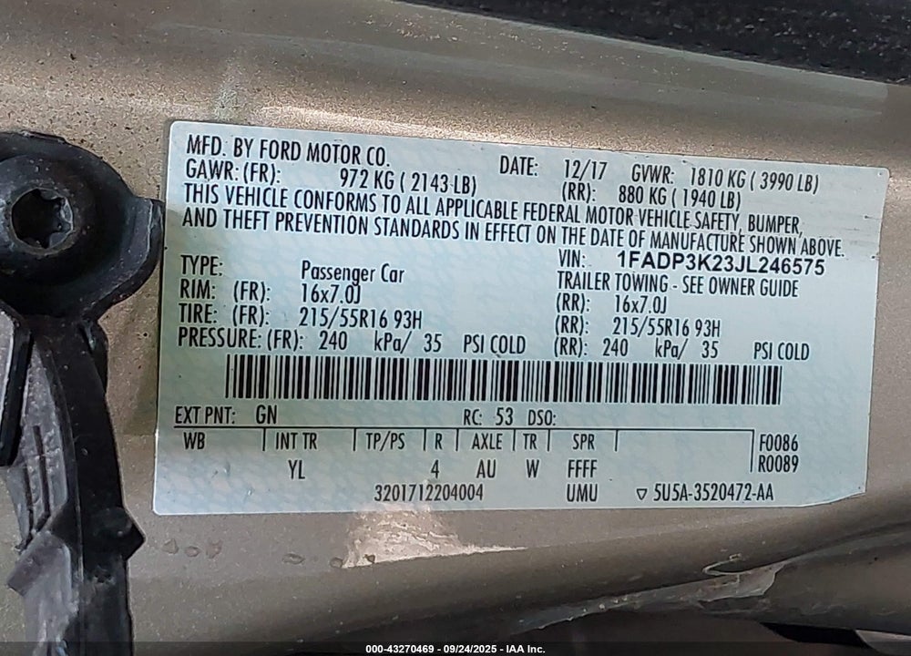 2018 FORD FOCUS VIN: 1FADP3K23JL246575