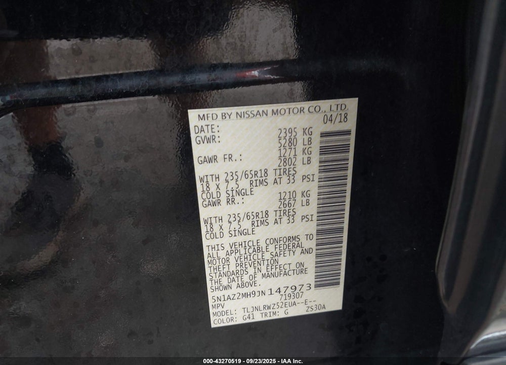 2018 NISSAN MURANO VIN: 5N1AZ2MH9JN147973