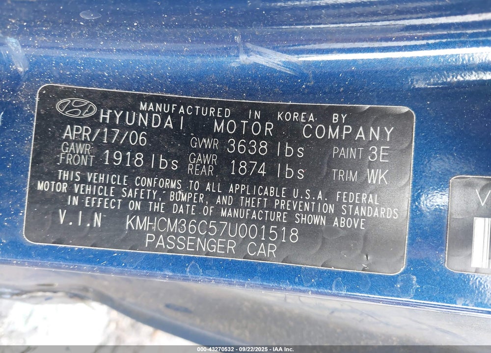 2007 HYUNDAI ACCENT GS VIN: KMHCM36C57U001518