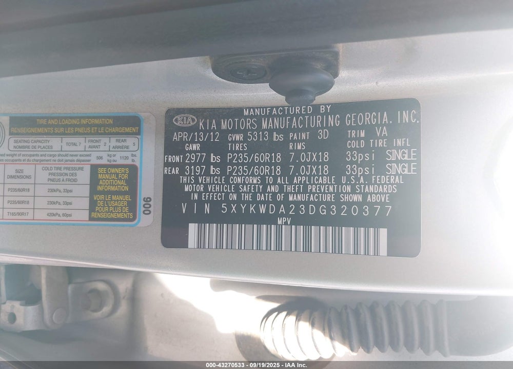 2013 KIA SORENTO VIN: 5XYKWDA23DG320377