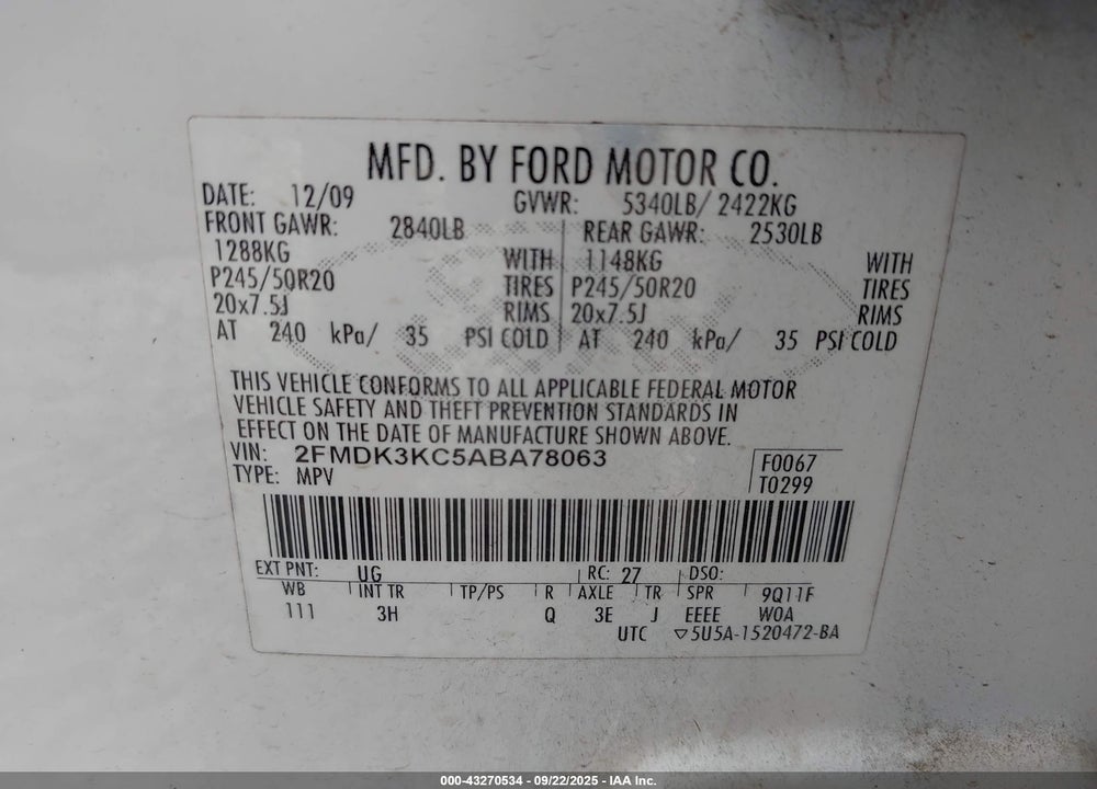 2010 FORD EDGE LIMITED VIN: 2FMDK3KC5ABA78063