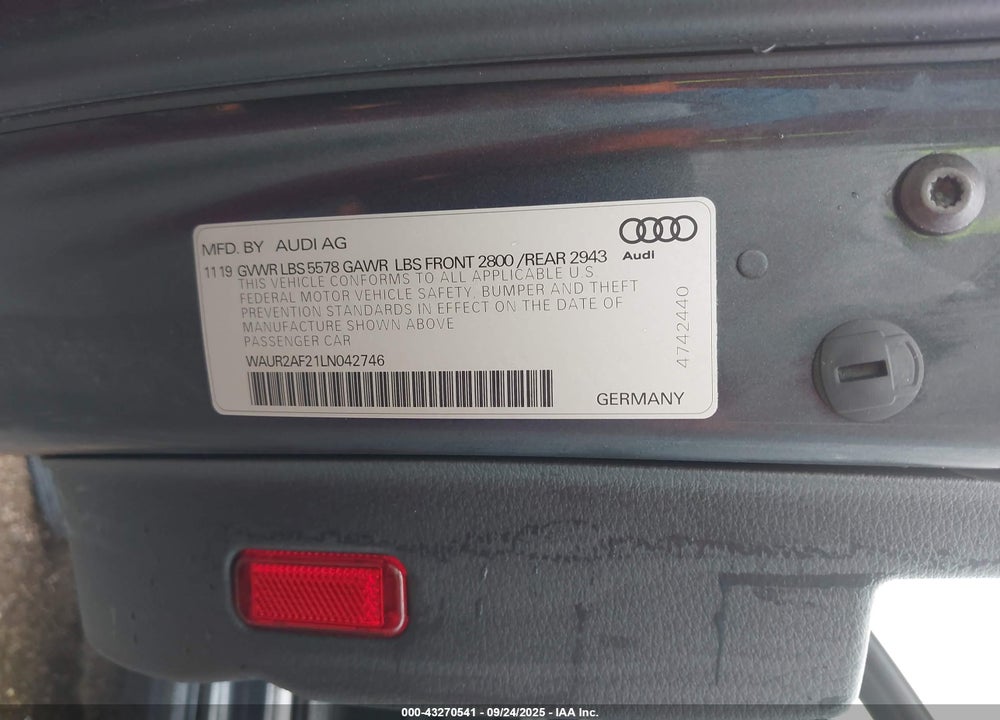 2020 AUDI A7 SPORTBACK PREMIUM PLUS 55 TFSI QUATTRO S TRONIC VIN: WAUR2AF21LN042746