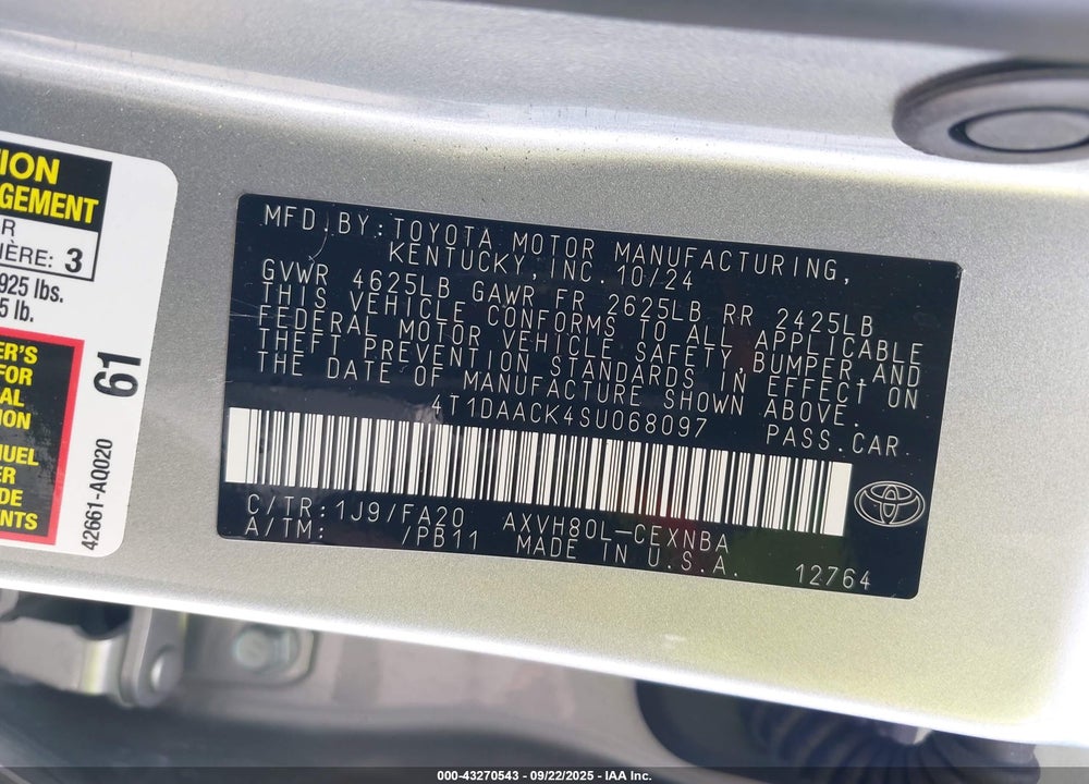 2025 TOYOTA CAMRY VIN: 4T1DAACK4SU068097